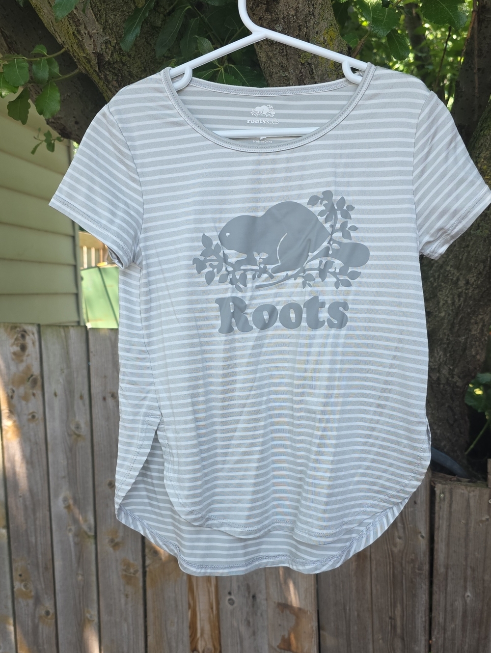 Roots Light Gray and White Striped Logo Tee